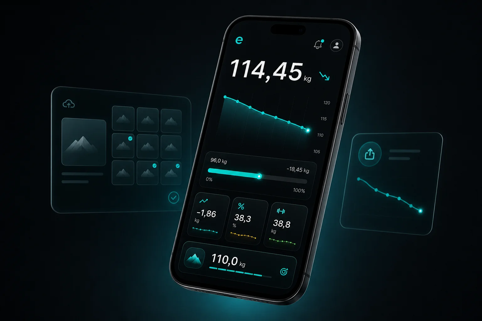 Interface do Evolui exibindo peso atual, gráfico de evolução e métricas de composição corporal.